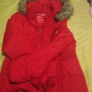 Red puffer jacket