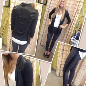 NWT Bobi faux leather panel black cardigan L