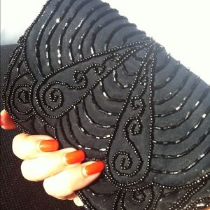 Black satin beaded evening clutch. Glam & elegant