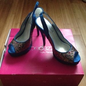 Blue multicolor glitter slingback heels