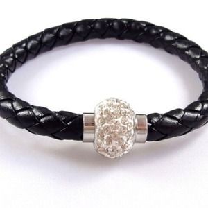 Black Leather Rhinestone Magnetic Bracelet Cuff