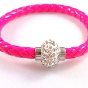Pink Leather Rhinestone Magnetic Bracelet Cuff