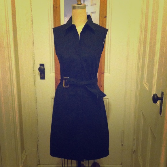 Black button down sleeveless work or play dress.