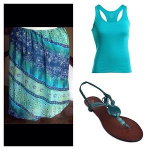 ⚡️XL stretchy blue green, cream multicolored skirt