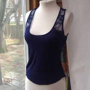 Dark blue knit and lace tank