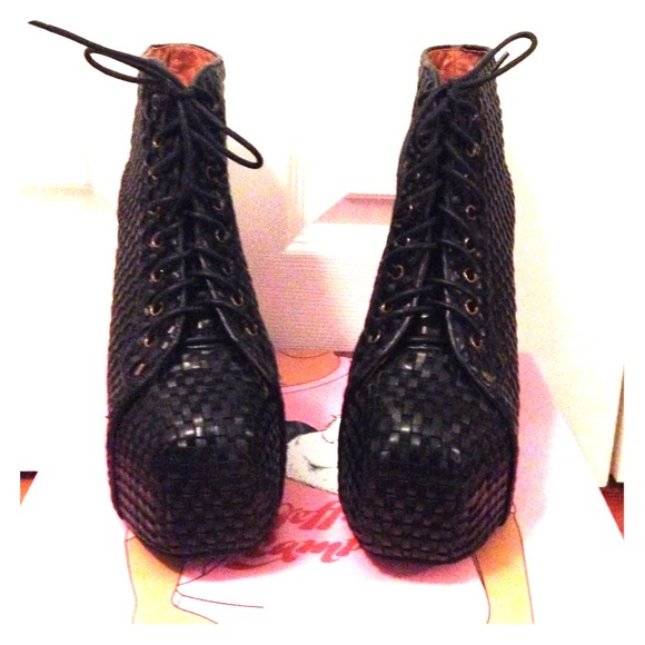 Jeffrey Campbell Lita black leather booties woven