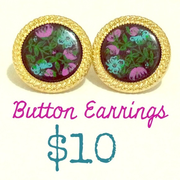 Gold Purple Flower Button Earrings - Picture 2 of 4