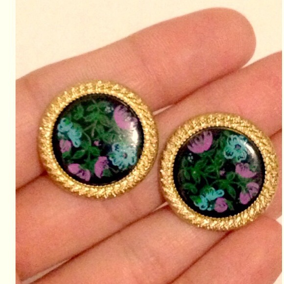 Gold Purple Flower Button Earrings - Picture 3 of 4