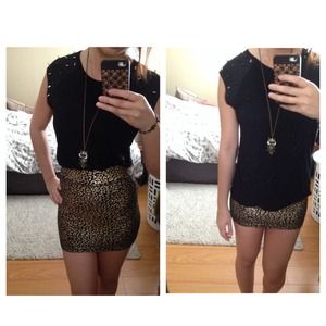 BUNDLE Black spiked shoulder shirt/leopard skirt