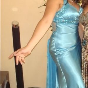 Long light blue silk dress.