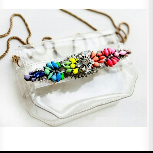 Shourouk style clutch with long bronze strap