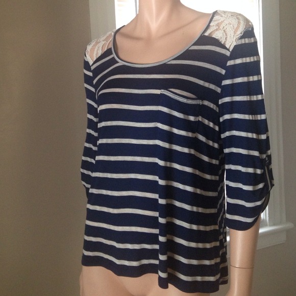 Navy Blue Beige Stripes w/Lace