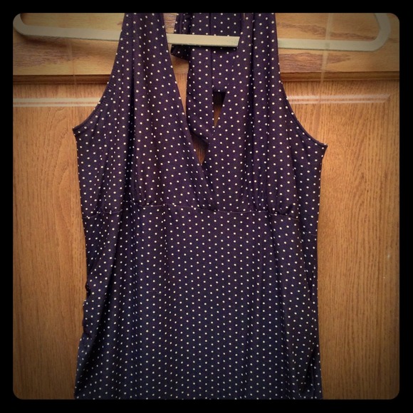 Brown. With white polka dots. Halter dress.