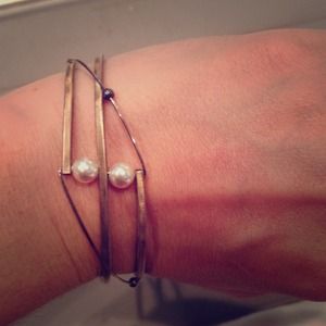 Silver and pearl architectural bracelet
