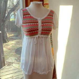 White fair isle red green knit baby doll top