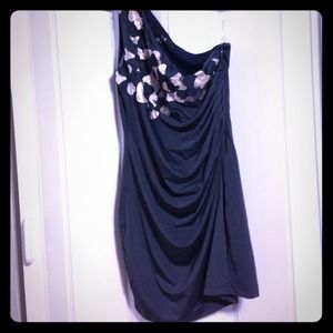 One shoulder blueish grey dress with flowers