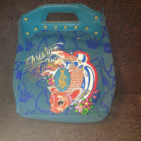 Christian Audigier Blue Rhinestone Studded Handbag