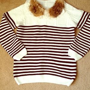 Faux fur collar stripes sweater