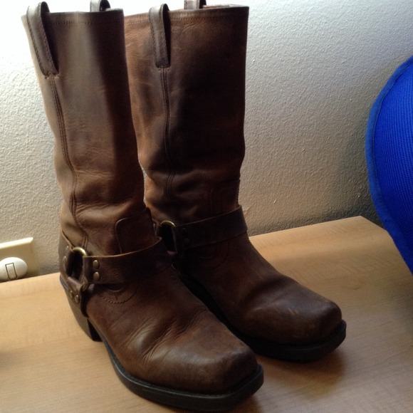 Frye-style Brown Leather Harness Boots