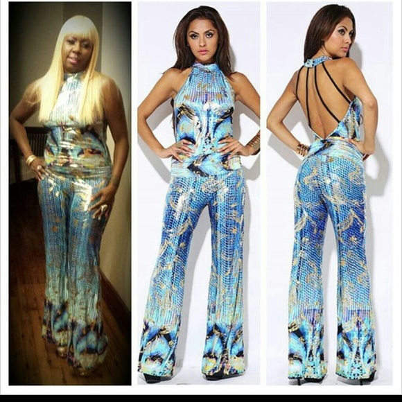 Metallic. Printed jumpsuit