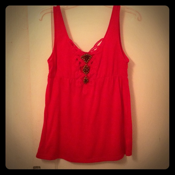 Red beaded and embroidered loose fit tank