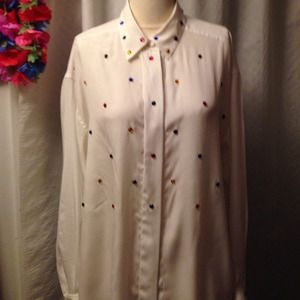 WHITE SILK-LIKE BLOUSE WITH COLORED JEWELS. SIZE L