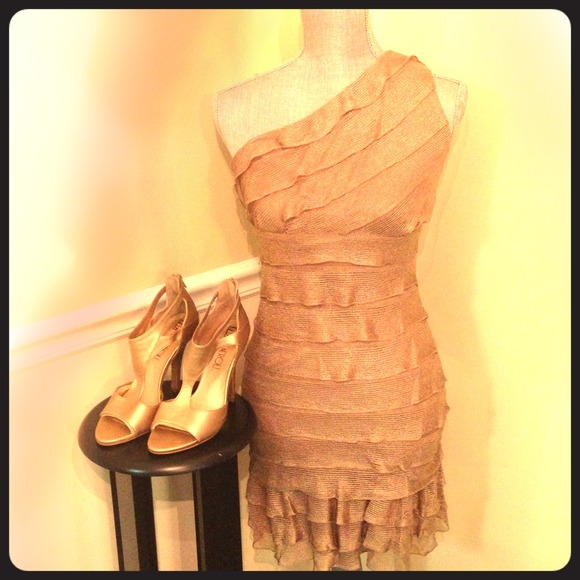 MaxStudio One Shoulder Tiered Mesh Dress