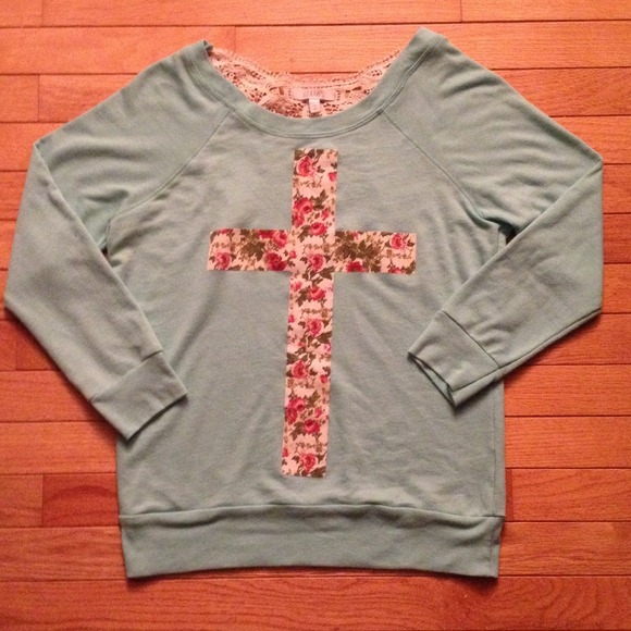 Blue shirt with floral cross and lace back