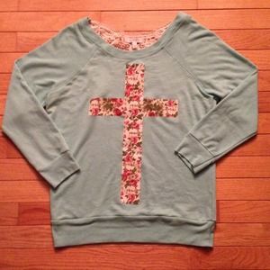 Blue shirt with floral cross and lace back