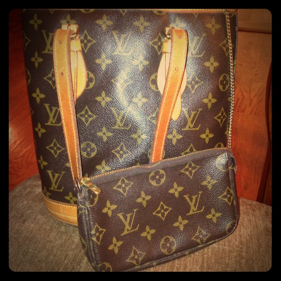 Louis Vuitton bucket bag + makeup bag