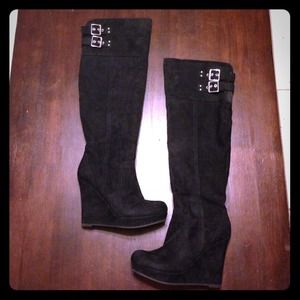 Black suede over the knee wedge boot