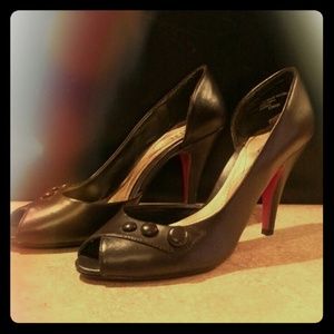 Dark brown open toe heels with button details