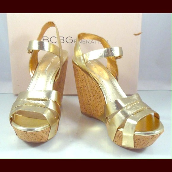 BCBGeneration Perrin Strappy Wedged Sandals- GOLD