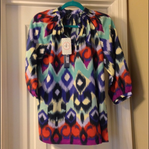 Tribal Print Blouse - Blue, Mint, Orange, Pink