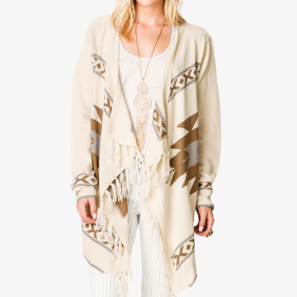 ❌SOLD❌ White Cream Aztec Fringe Cardigan Sweater