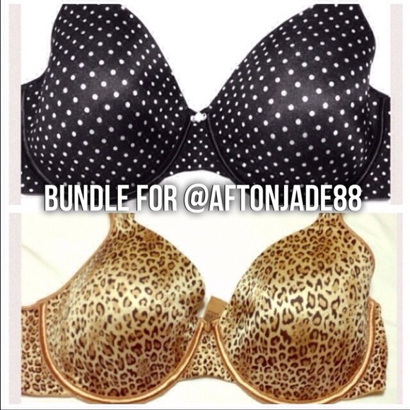 38D Leopard print bra & black/white polka dot bra.