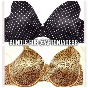 38D Leopard print bra & black/white polka dot bra.
