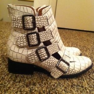 Jeffrey Campbell white snake skin booties