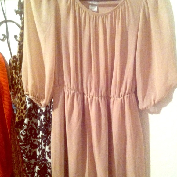 beige dress,blue dress, A.E jacket, yellow sweate