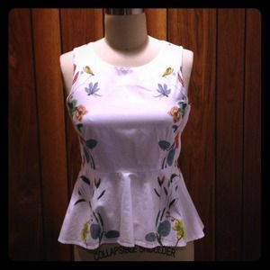 Cotton White peplum sleeveless top-Mirrored floral