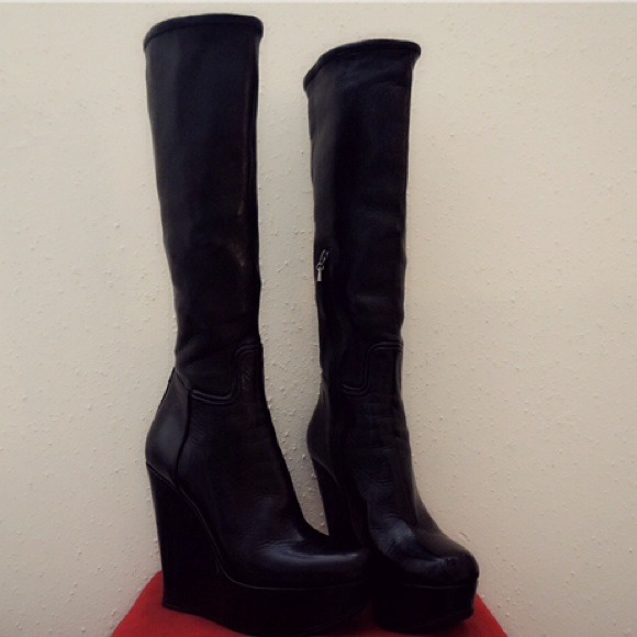 ALAIA leather skinny knee boots platform wedges