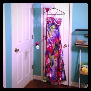 Long floor length formal gown.