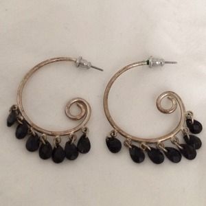 Silver spiral earrings with black beads