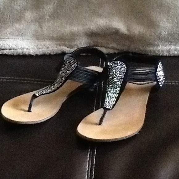 Size 8 black thong sandals, iridescent gem accents