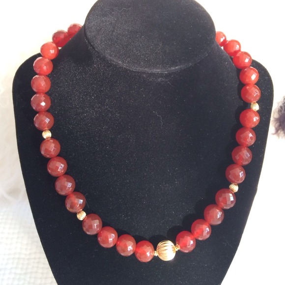 14k gold faceted round carnelian necklace