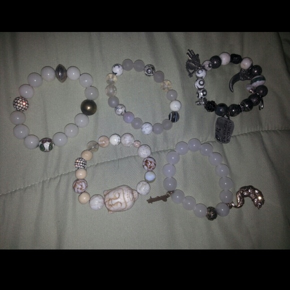 Set of 5 exotic stones stacked bracelets