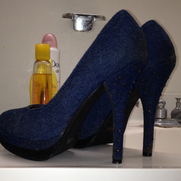 Denim studded heels