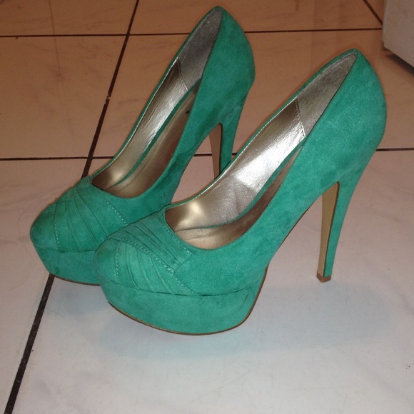 Mint green suede platform heels