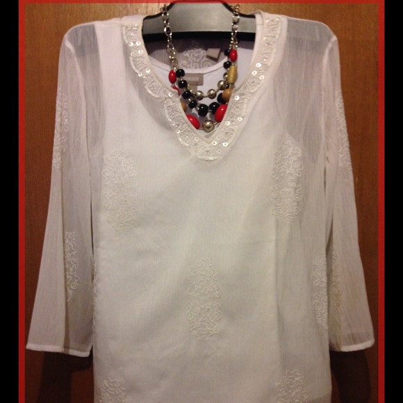 Sheer white Chicos tunic with appliques