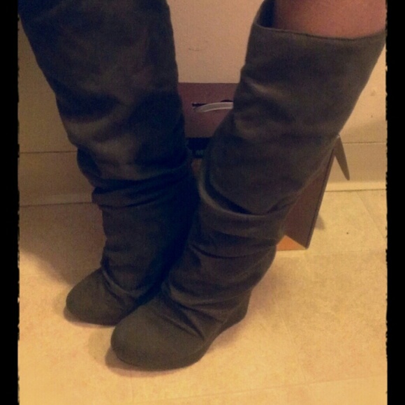 Hunter green knee high wedge boots
